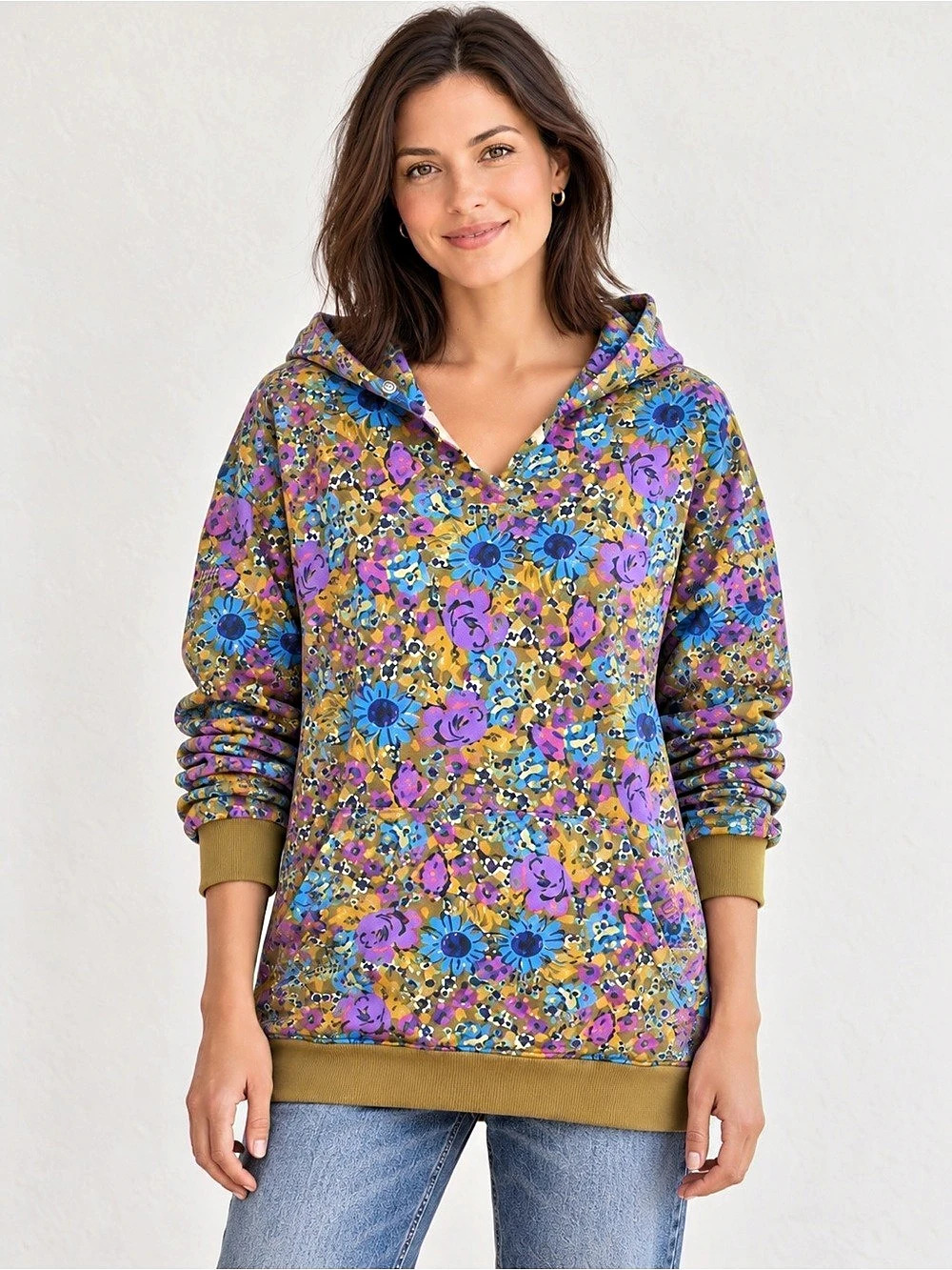 Natural Life Floral Hoodie S/M Olive Blue Purple Boho Pullover Oversized Like Ne